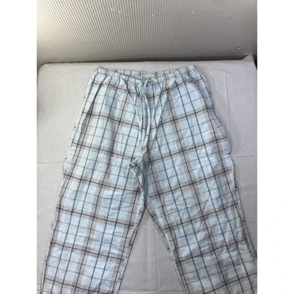 LLBean Long Sleeve Henley Pajama Set Top Pants Light Blue Plaid Cotton L PET - Picture 8 of 15